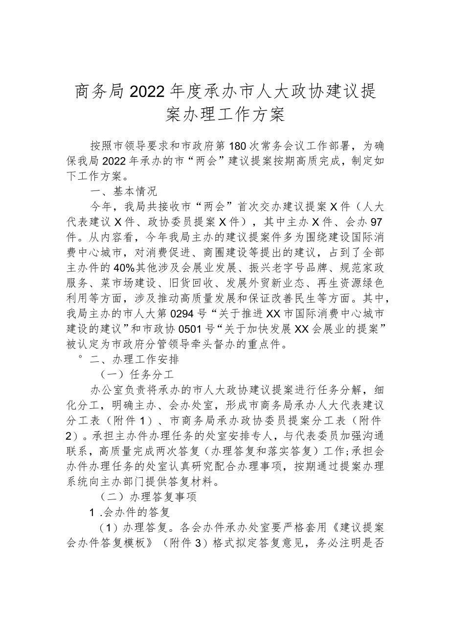 商务局2022年度承办市人大政协建议提案办理工作方案.docx_第1页