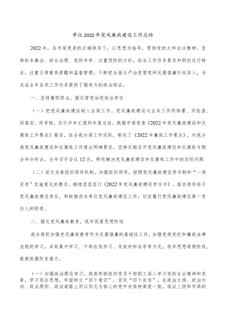 单位2022年党风廉政建设工作总结.docx_第1页