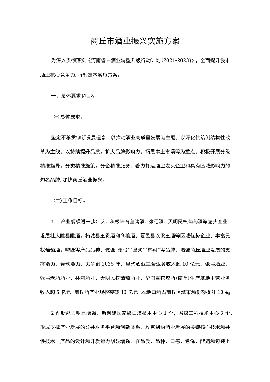 商丘市酒业振兴实施方案.docx_第1页