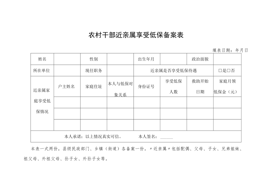 农村干部近亲属享受低保备案表.docx_第1页