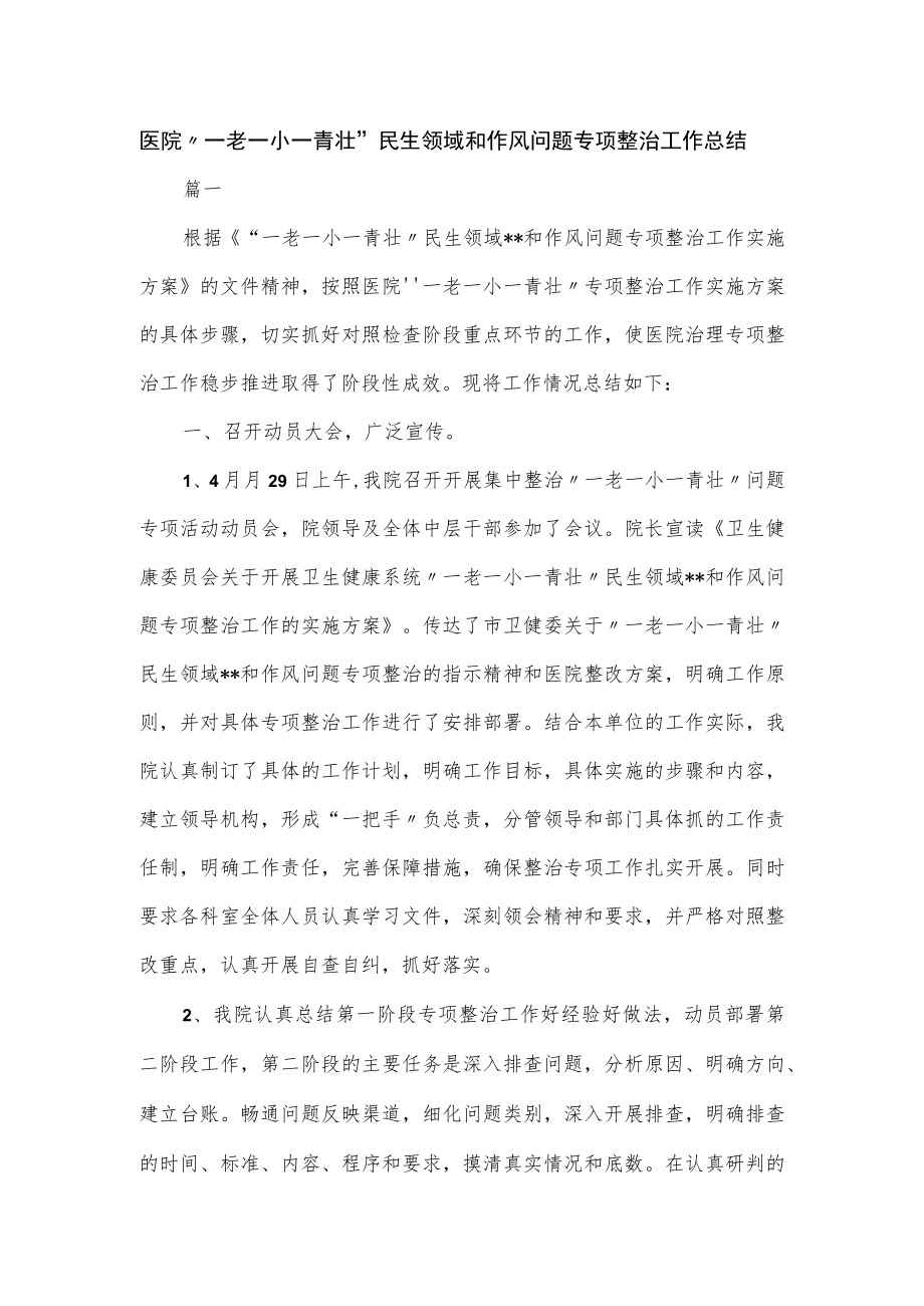 医院“一老一小一青壮”民生领域和作风问题专项整治工作总结.docx_第1页