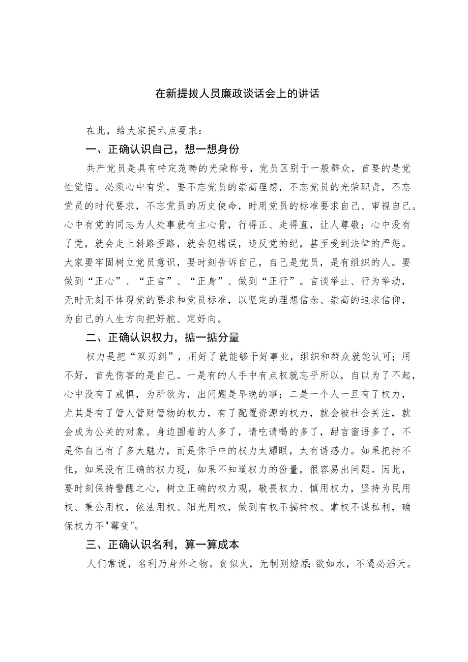 在新提拔人员廉政谈话会上的讲话.docx_第1页