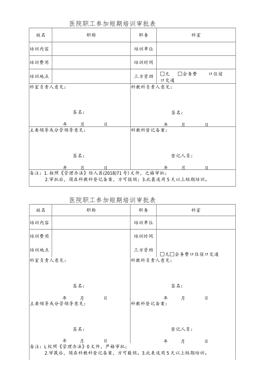 医院职工参加短期培训审批表（不能编辑可打印的版本）.docx_第1页