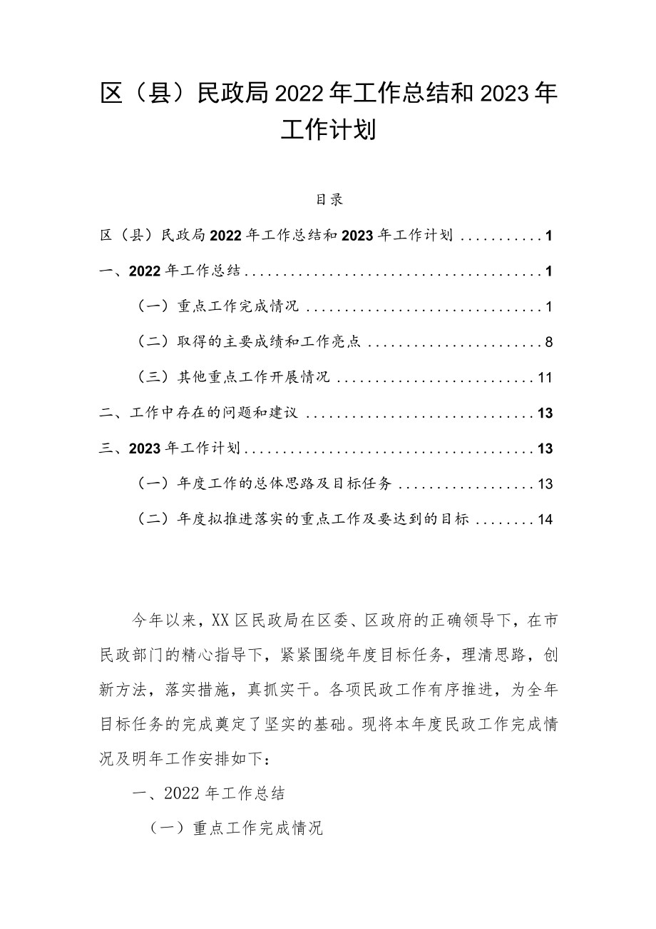 区（县）民政局2022年工作总结和2023年工作计划.docx_第1页