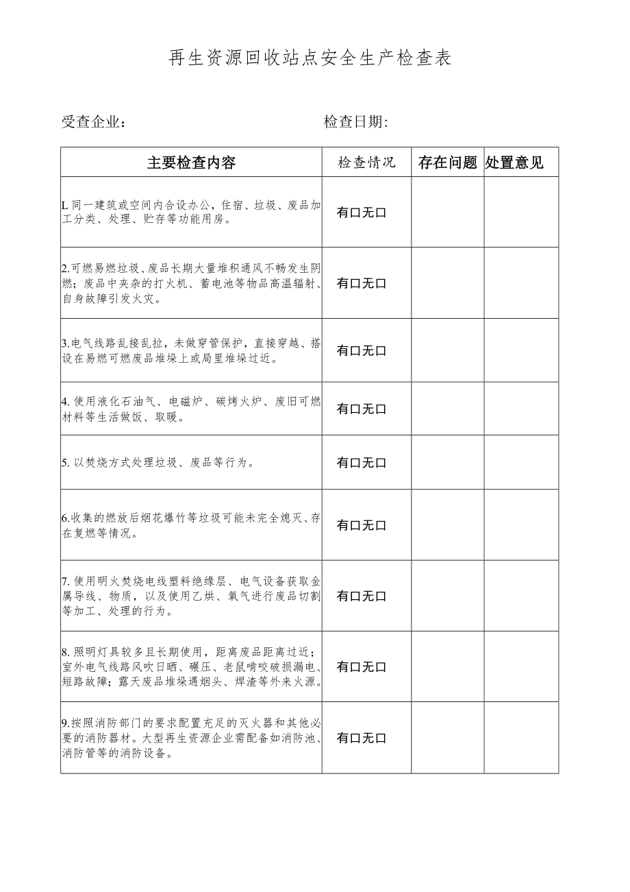 再生资源回收站点安全生产检查表.docx_第1页