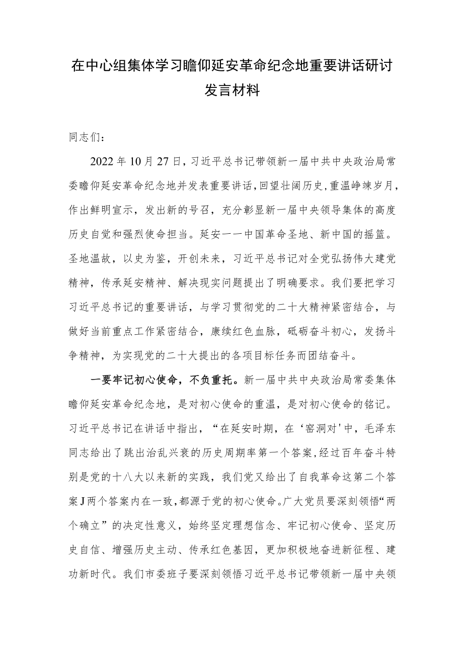 在中心组集体学习瞻仰延安革命纪念地重要讲话研讨发言材料.docx_第2页