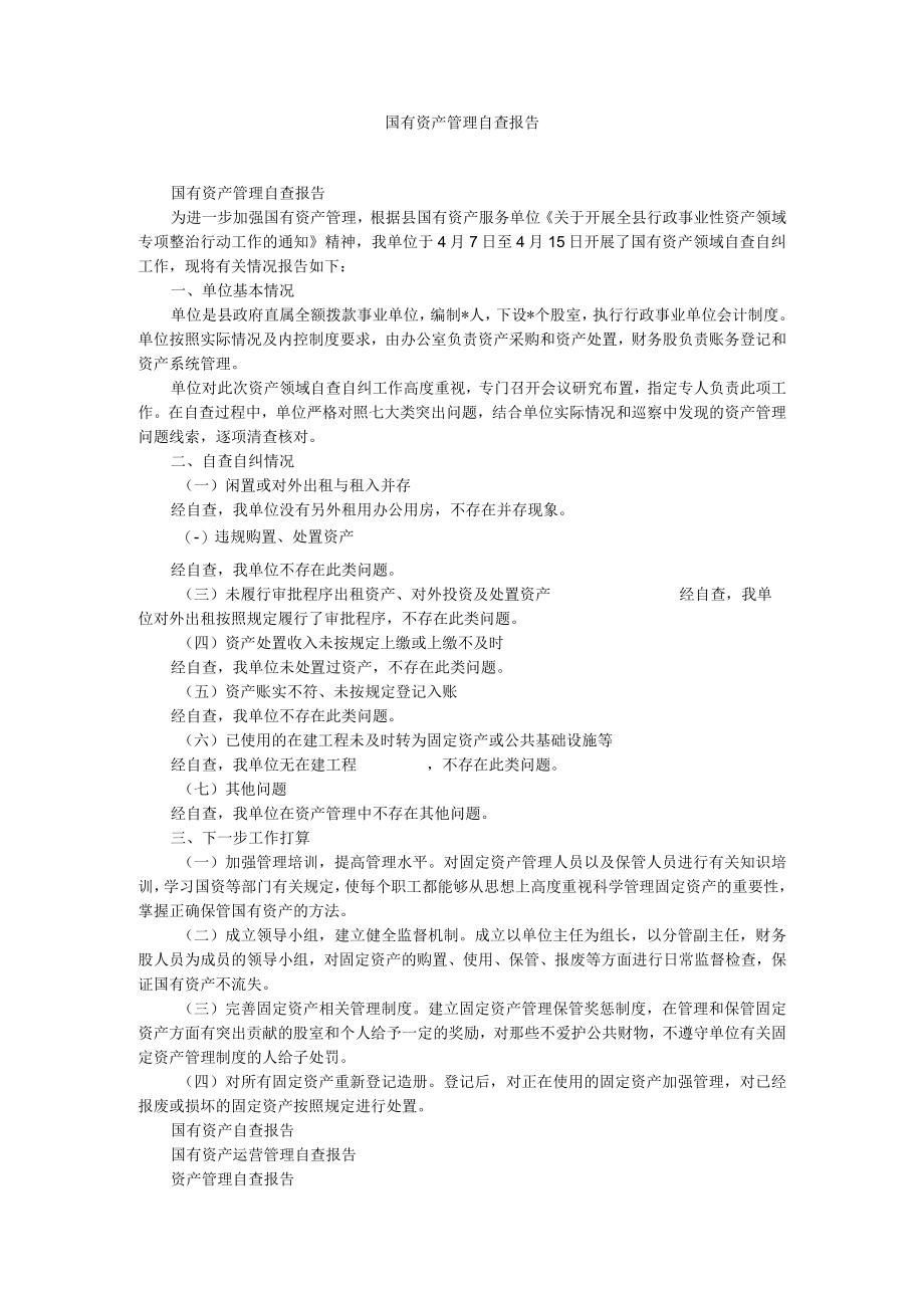 国有资产管理自查报告.docx_第1页