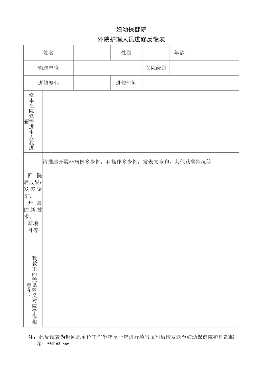 妇幼保健院外院护理人员进修反馈表.docx_第1页