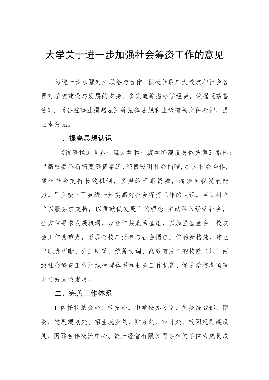 大学关于进一步加强社会筹资工作的意见.docx_第1页