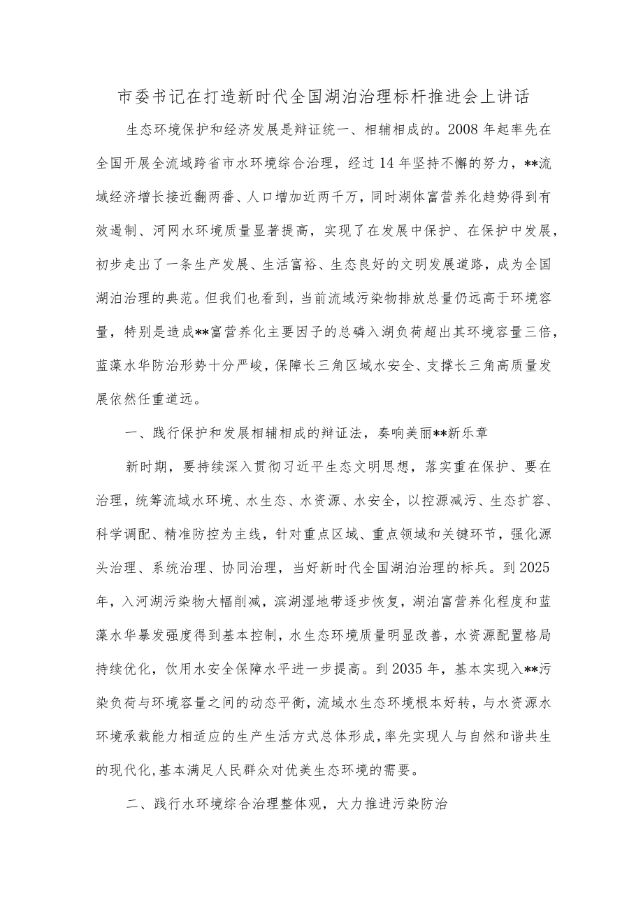 市委书记在打造新时代全国湖泊治理标杆推进会上讲话.docx_第1页