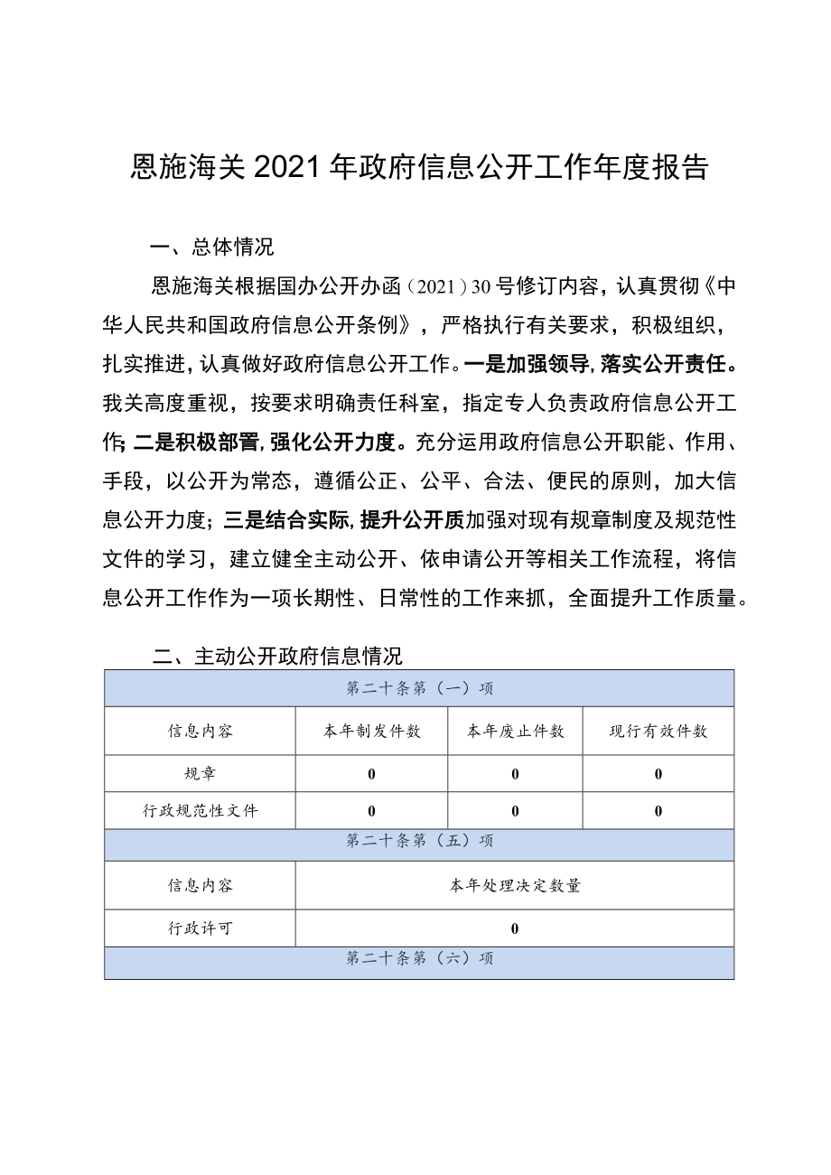 恩施海关2021年政府信息公开工作年度报告.docx_第1页