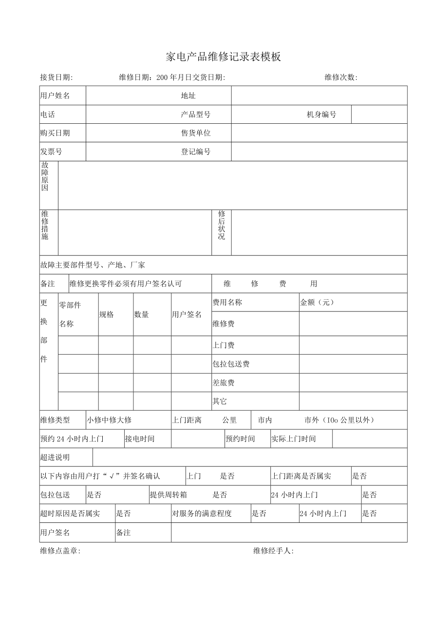 家电产品维修记录表模板.docx_第1页