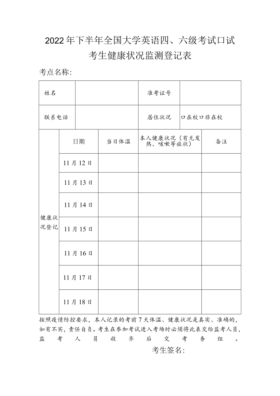 山西2022年下半年四六级口试考生健康状况登记表.docx_第1页