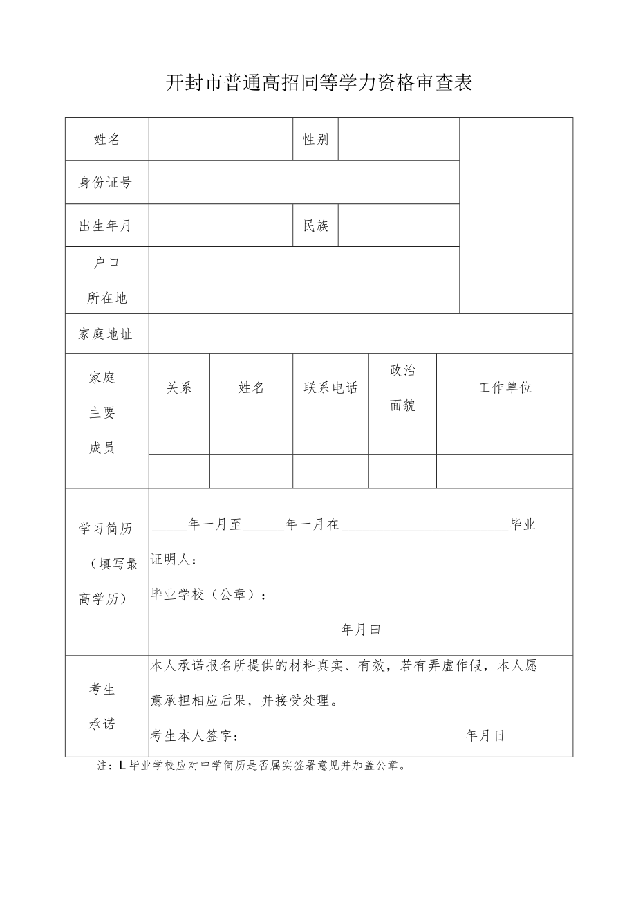 开封市普通高招同等学力资格审查表.docx_第1页