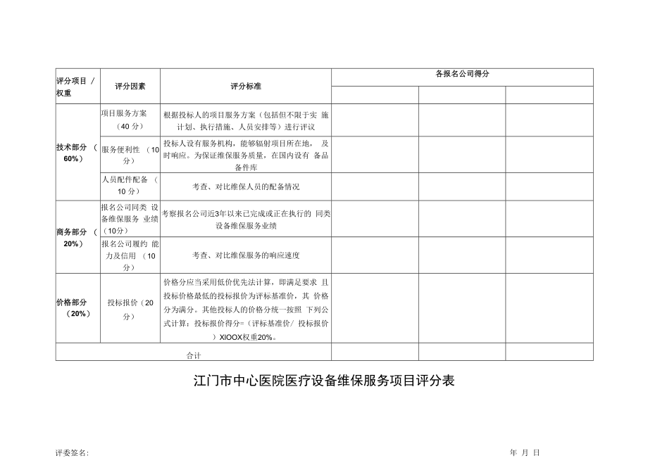 江门市中心医院医疗设备维保服务项目评分表.docx_第1页