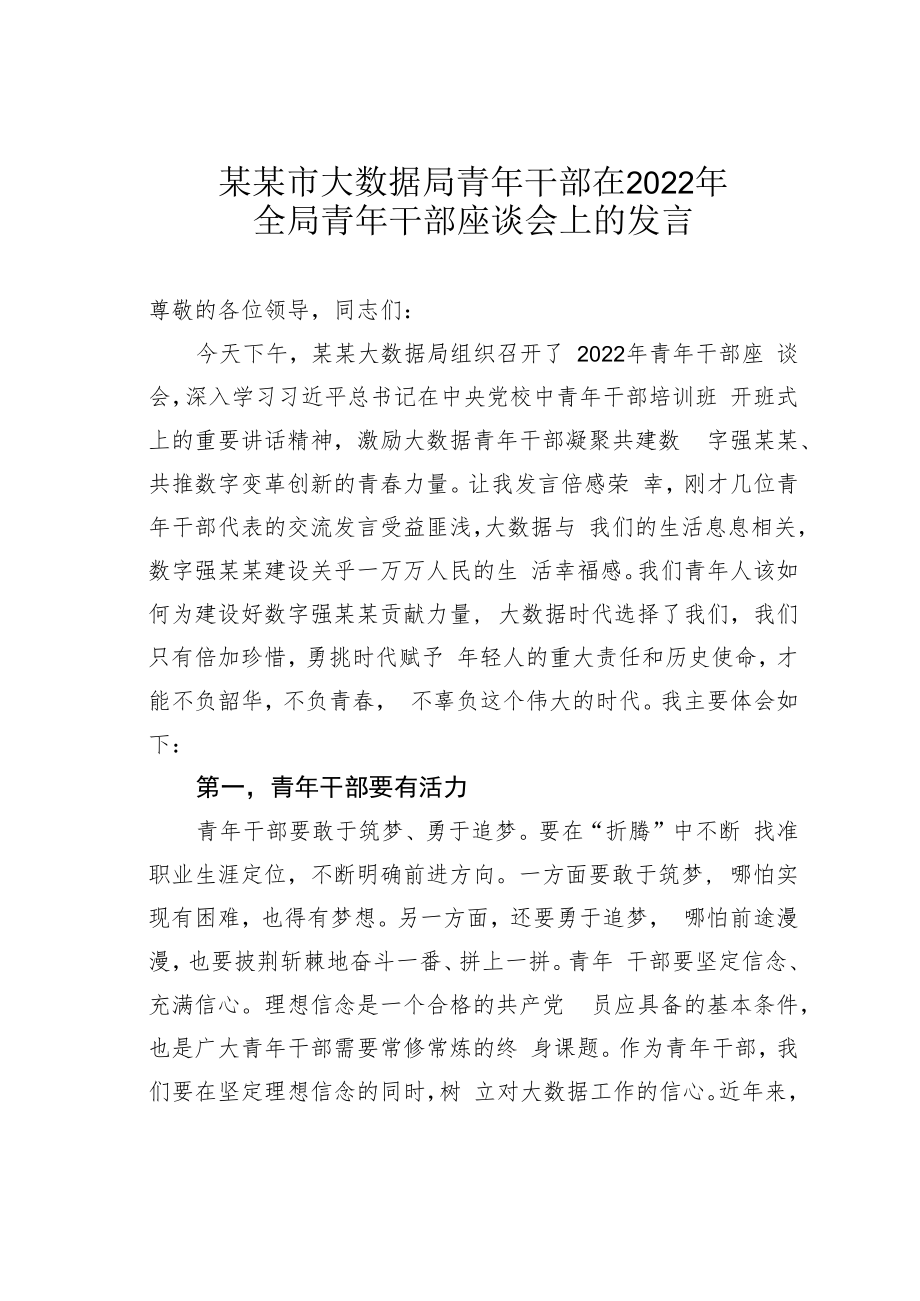 某某市大数据局青年干部在2022年全局青年干部座谈会上的发言.docx_第1页