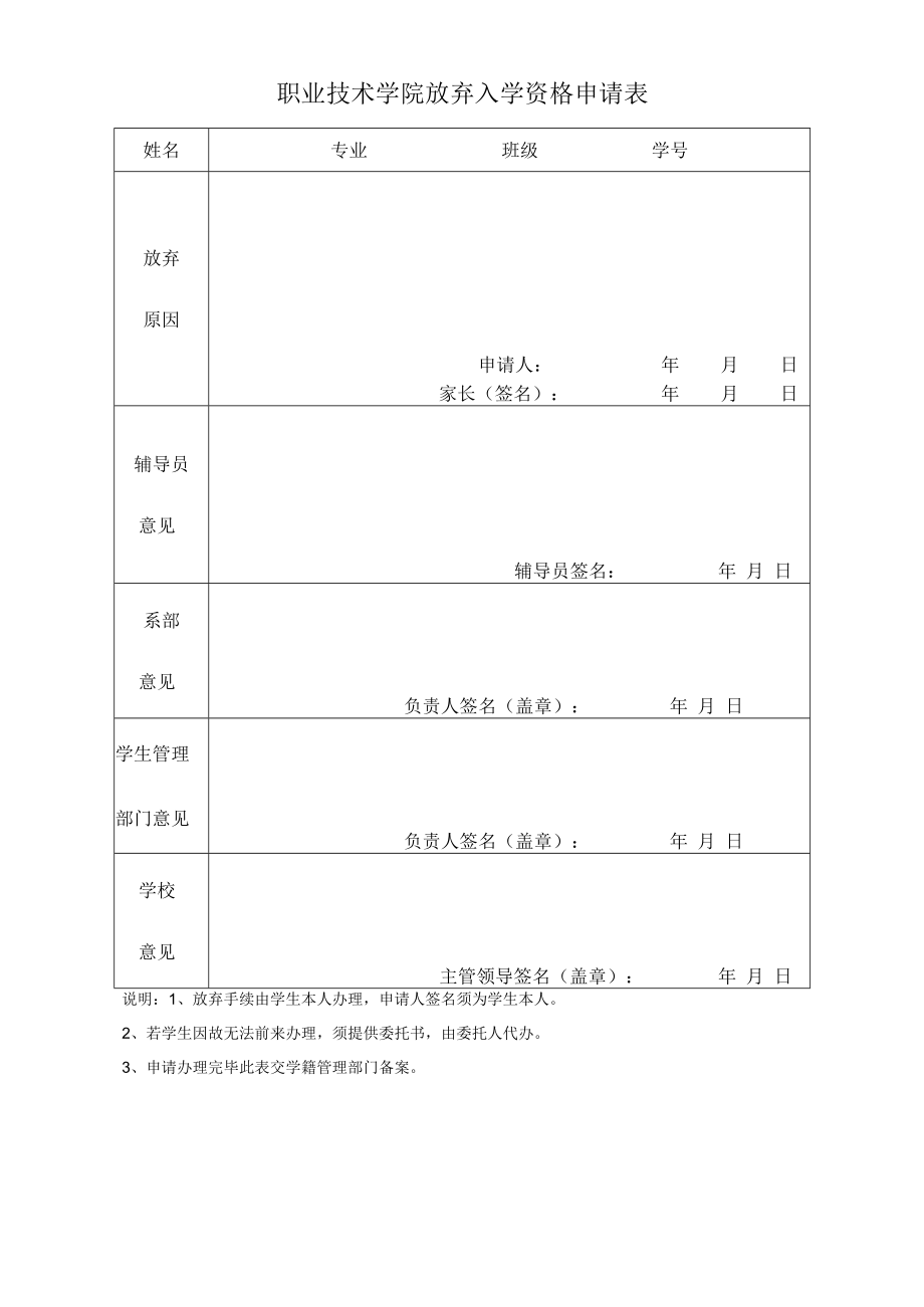 职业技术学院放弃入学资格申请表.docx_第1页