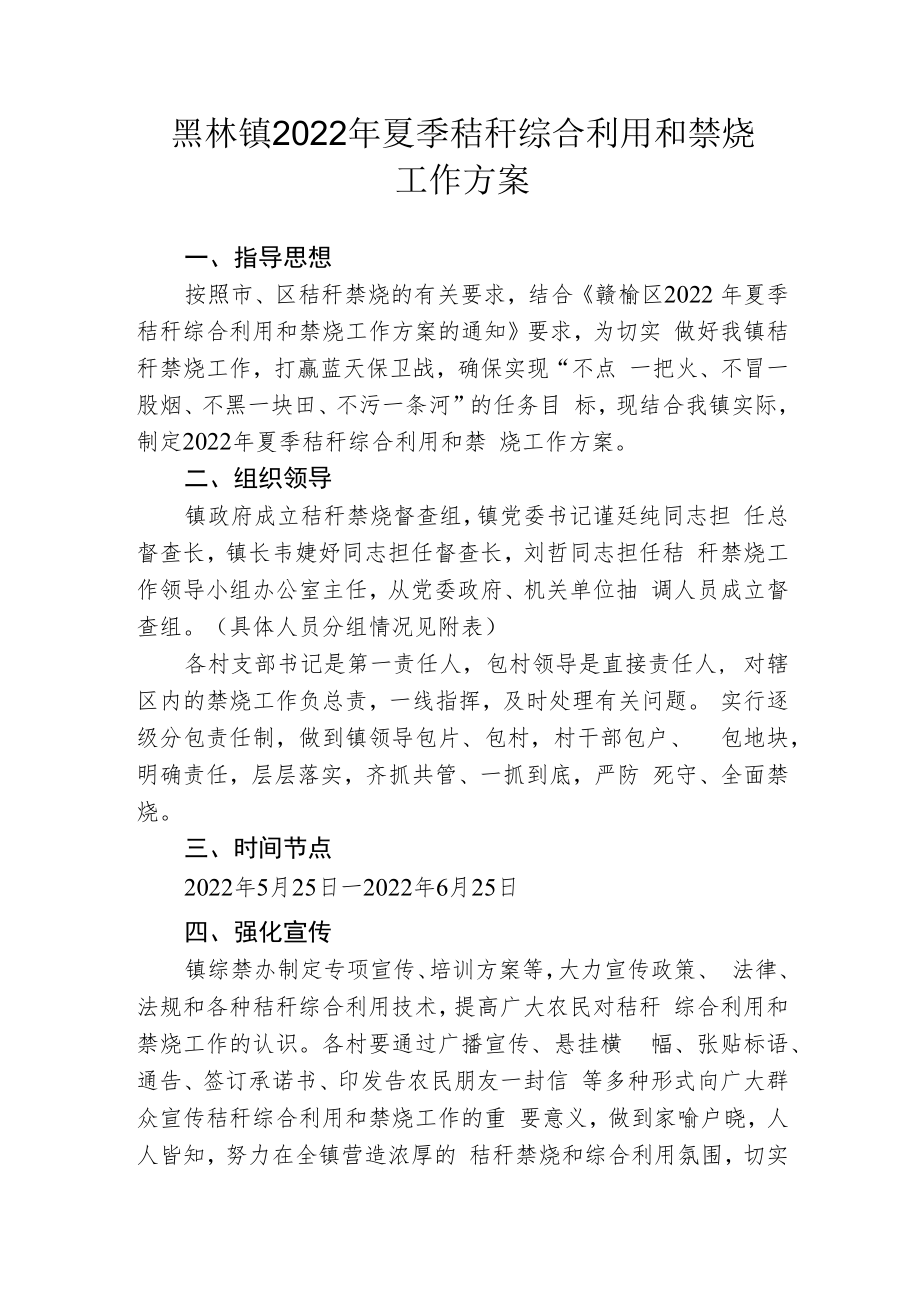 黑林镇2022年夏季秸秆综合利用和禁烧工作方案.docx_第1页