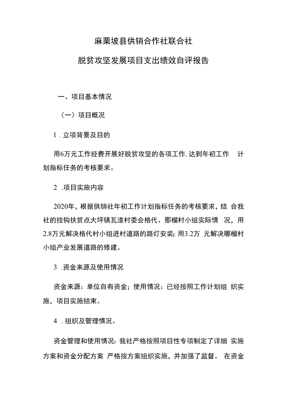 麻栗坡县供销合作社联合社脱贫攻坚发展项目支出绩效自评报告.docx_第1页