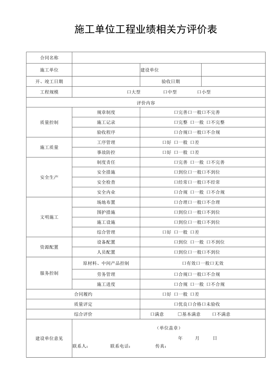 施工单位工程业绩相关方评价表.docx_第1页