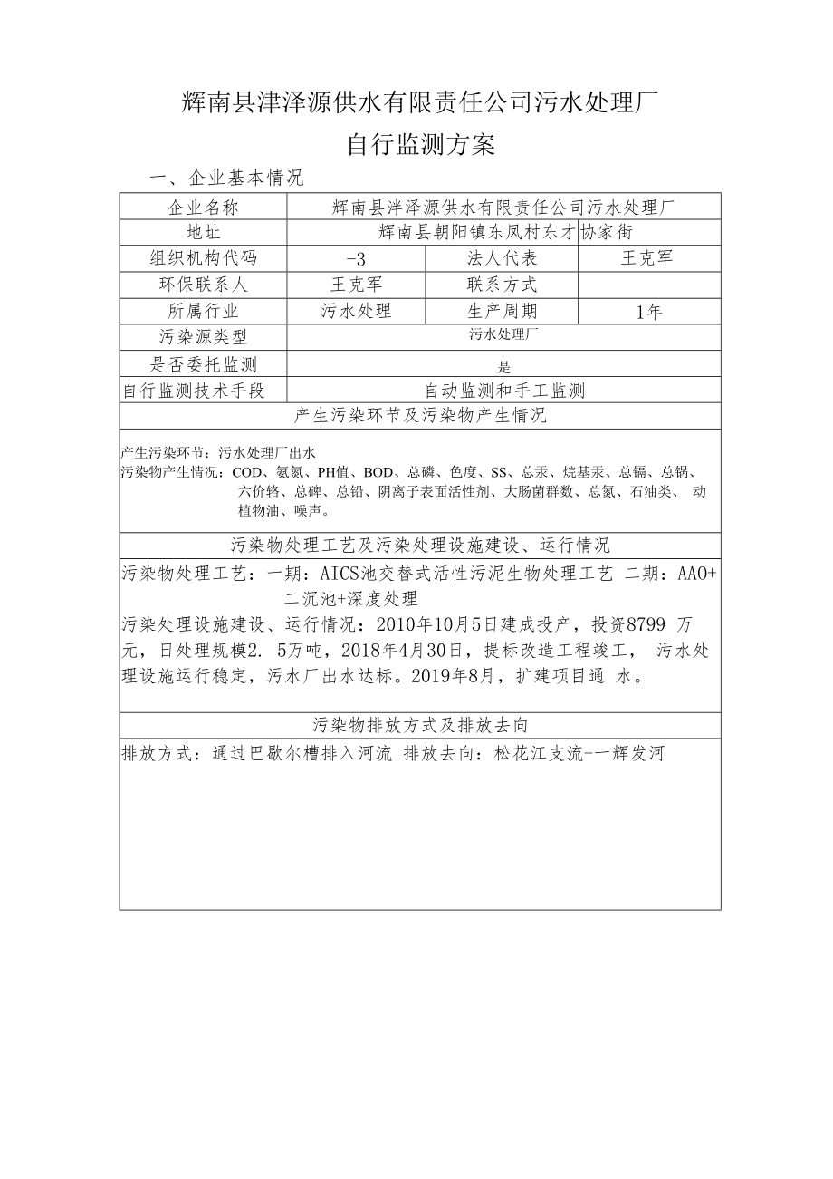 辉南县沣泽源供水有限责任公司污水处理厂自行监测方案.docx_第1页