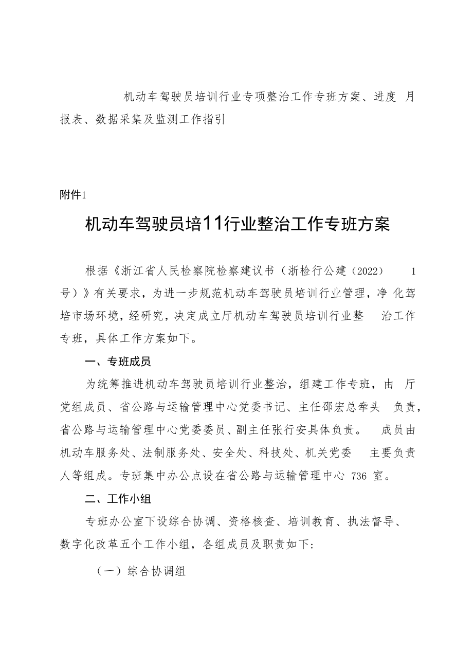 机动车驾驶员培训行业专项整治工作专班方案、进度月报表、数据采集及监测工作指引.docx_第1页