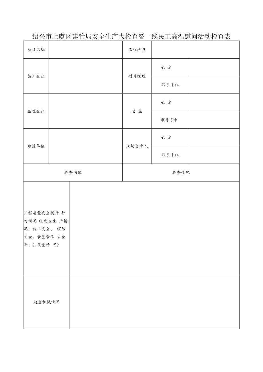 绍兴市上虞区建管局安全生产大检查暨一线民工高温慰问活动检查表.docx_第1页