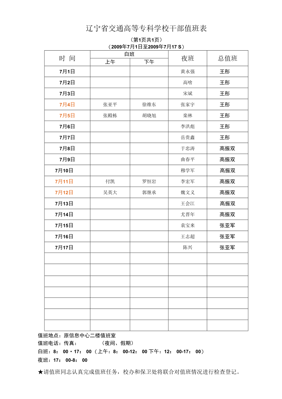 辽宁省交通高等专科学校干部值班表.docx_第1页