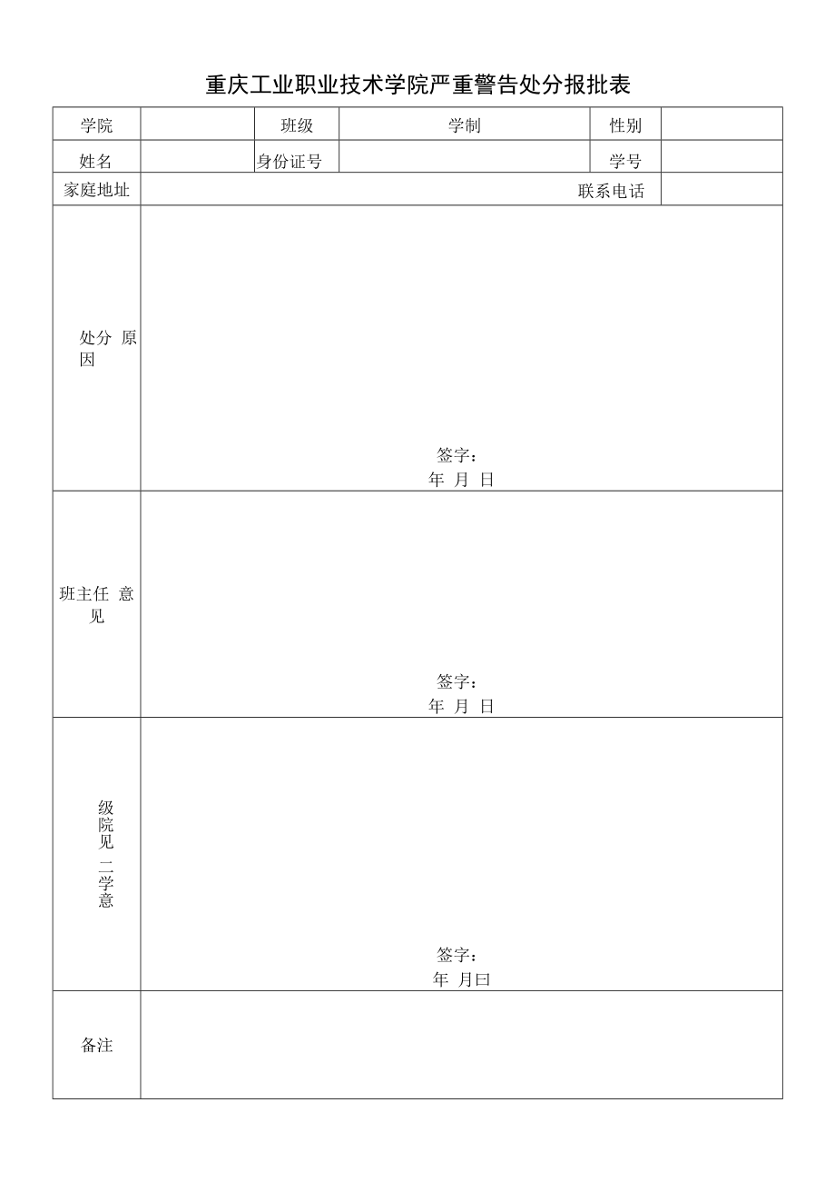 重庆工业职业技术学院记过处分报批表.docx_第1页