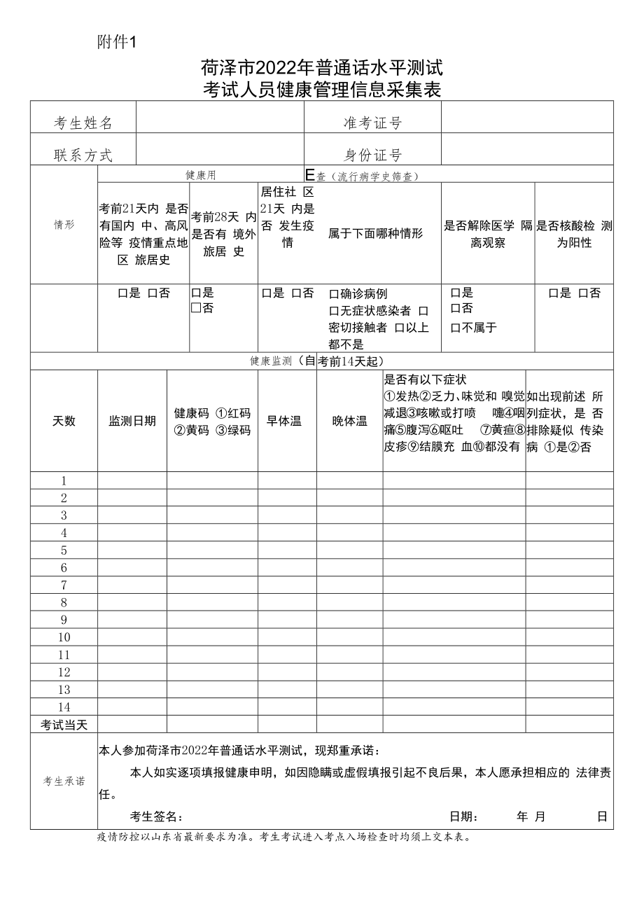 菏泽市2022年普通话水平测试考试人员健康管理信息采集表.docx_第1页