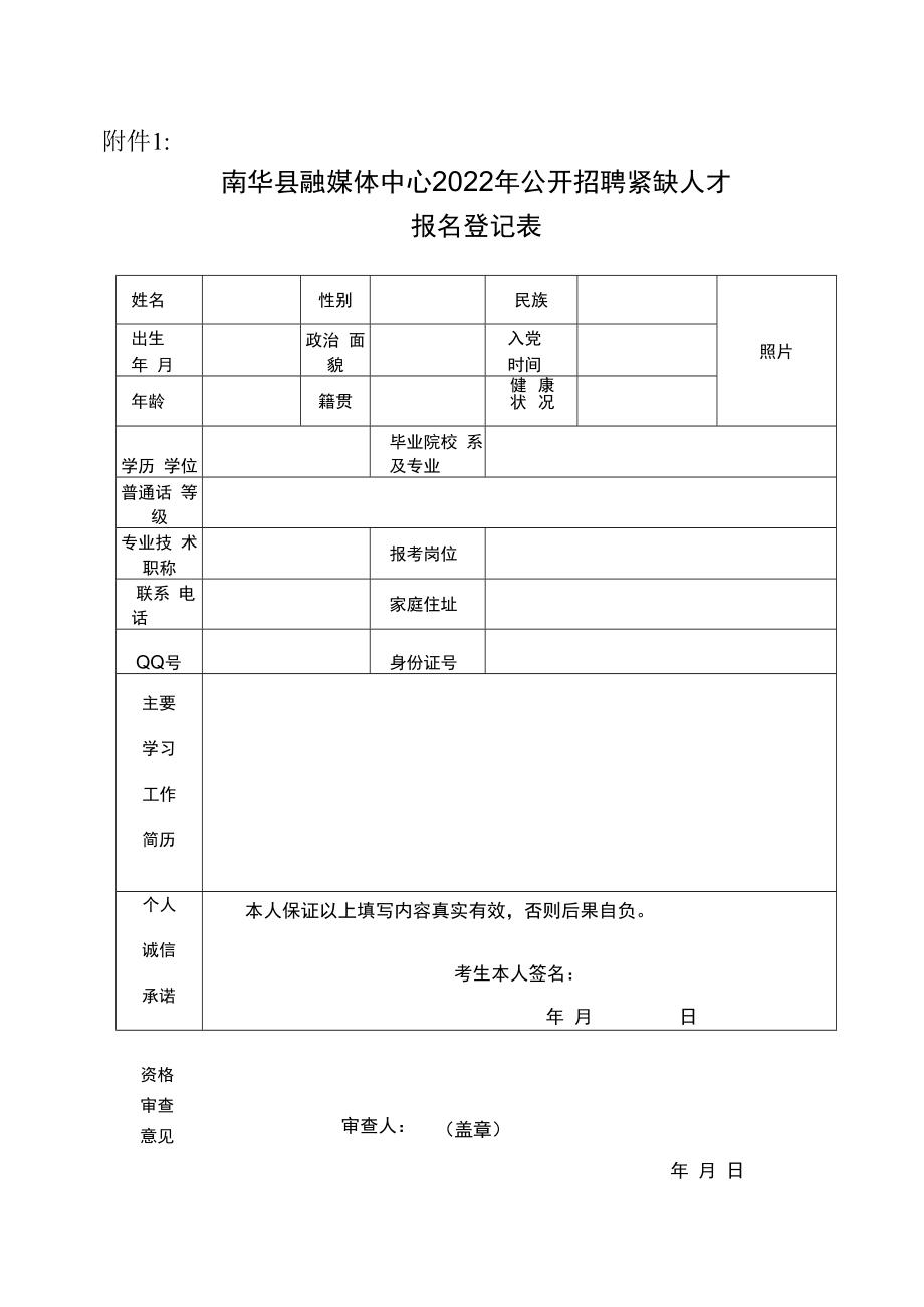 附件南华县融媒体中心2022年公开招聘紧缺人才报名登记表docx.docx_第1页