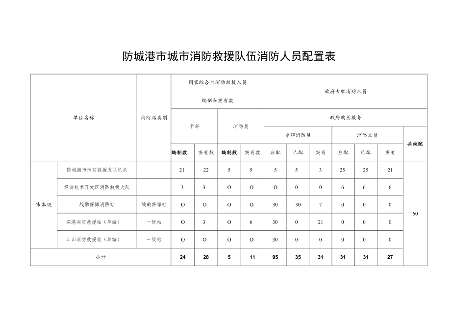 防城港市城市消防救援队伍消防人员配置表.docx_第1页