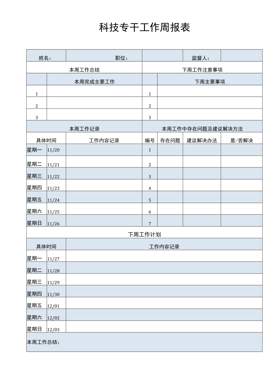 科技专干工作周报表周工作总结及计划表.docx_第1页