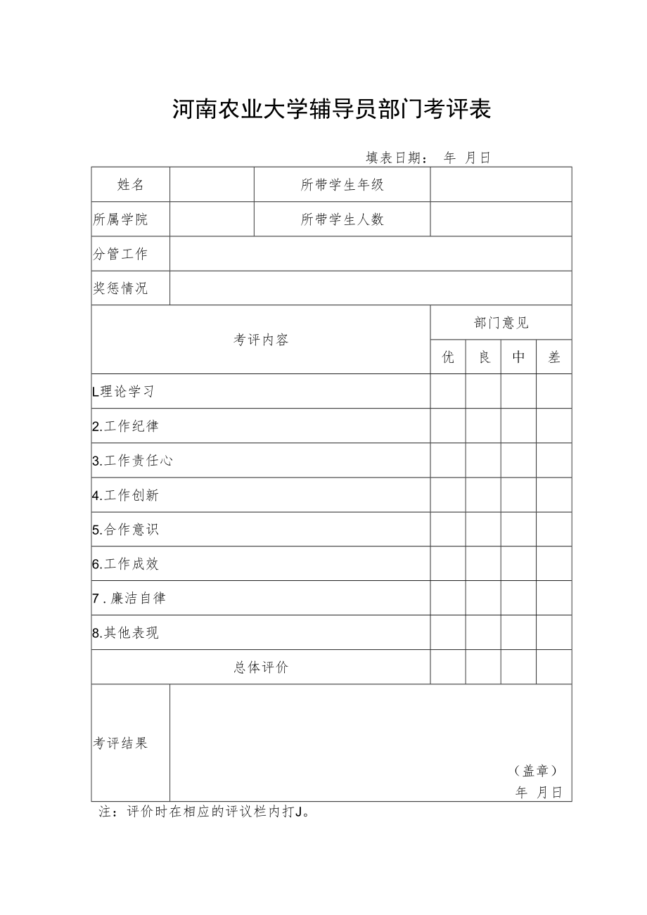 河南农业大学辅导员部门考评表.docx_第1页