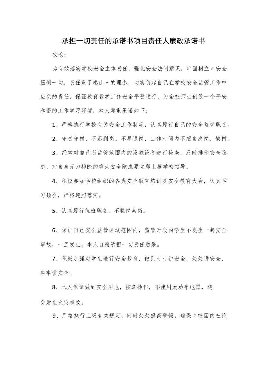 承担一切责任的承诺书项目责任人廉政承诺书.docx_第1页