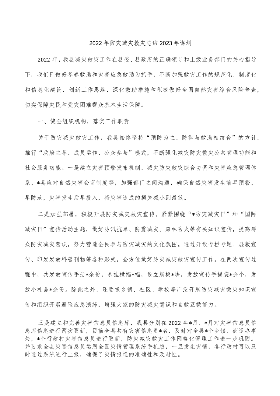 2022年防灾减灾救灾总结2023年谋划.docx_第1页