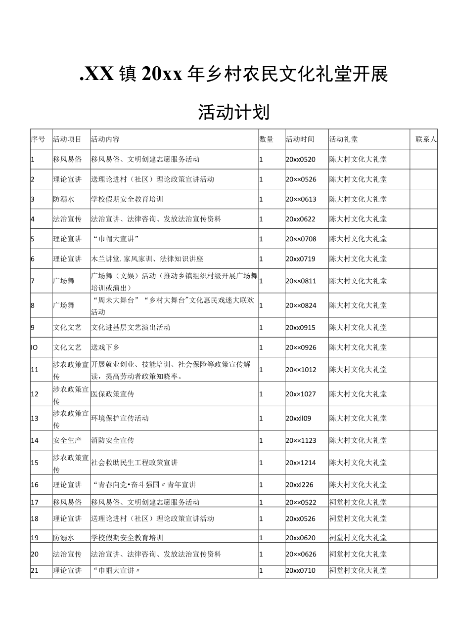 xx镇20xx年乡村农民文化礼堂开展活动计划.docx_第1页