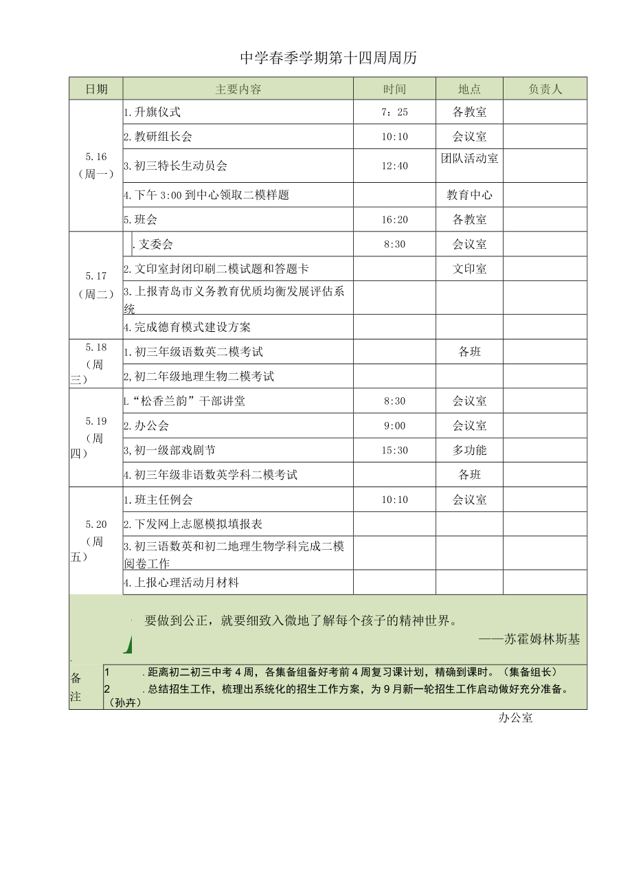 中学春季学期第14周周历.docx_第1页