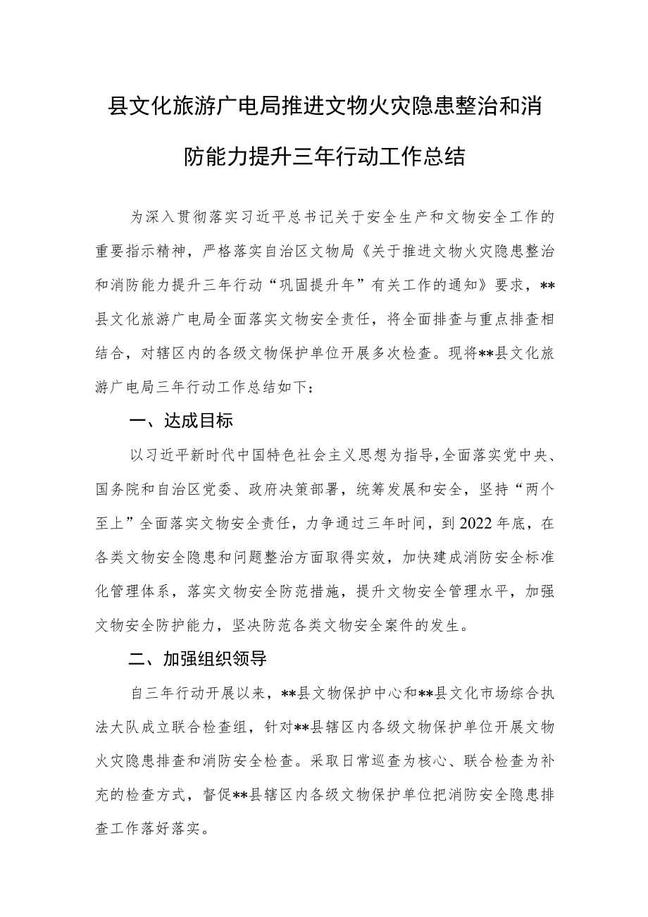 县文化旅游广电局推进文物火灾隐患整治和消防能力提升三年行动工作总结.docx_第1页