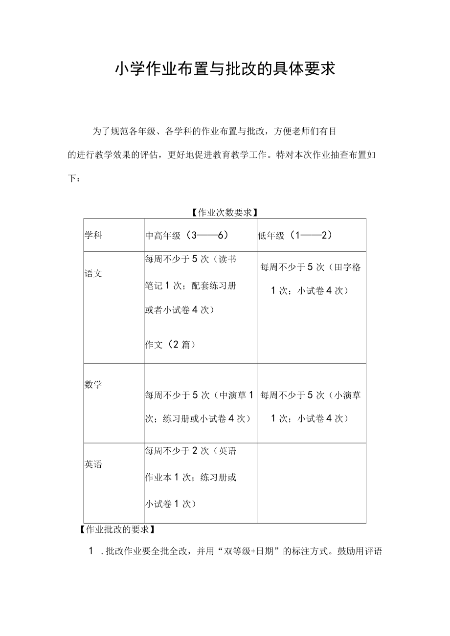 小学作业布置与批改的具体要求.docx_第1页