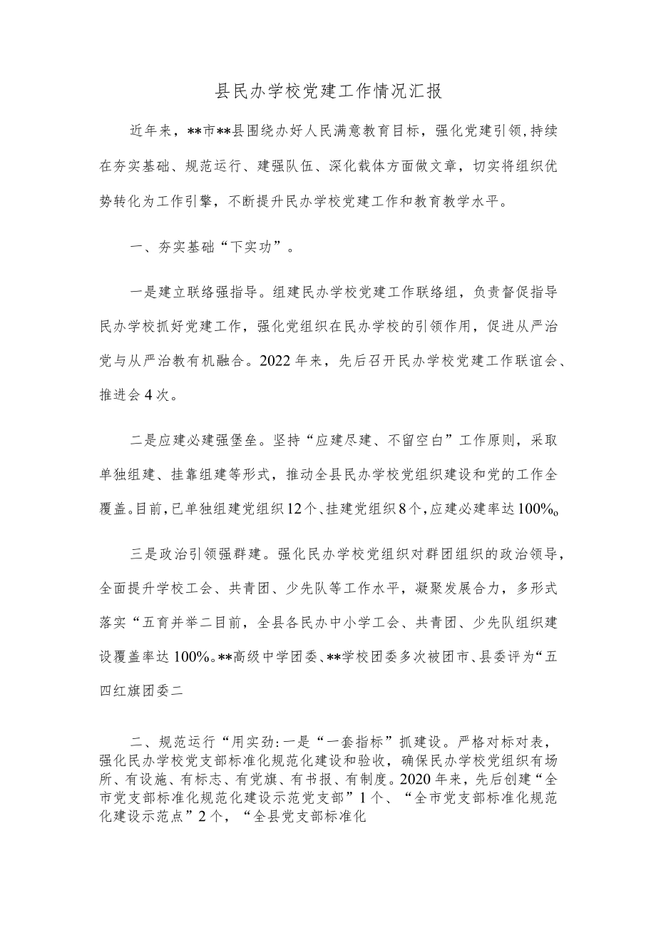 县民办学校党建工作情况汇报.docx_第1页