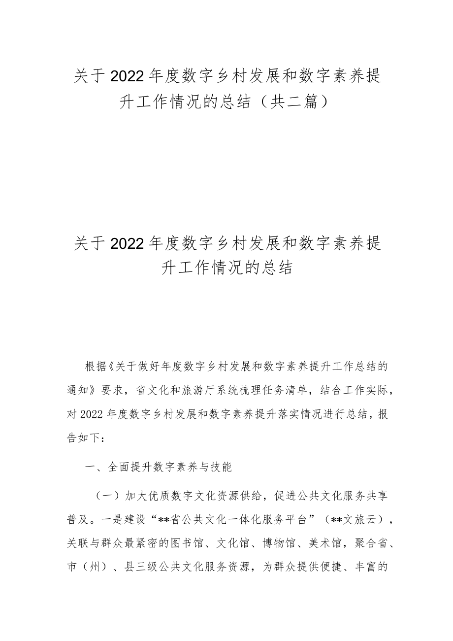 关于2022年度数字乡村发展和数字素养提升工作情况的总结(共二篇).docx_第1页