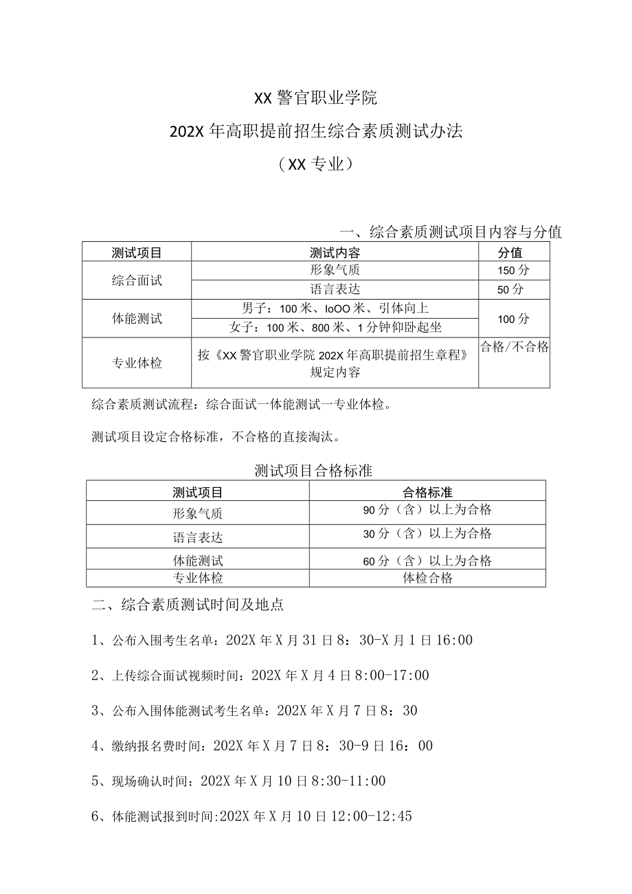 XX警官职业学院202X年高职提前招生综合素质测试办法（XX专业）.docx_第1页