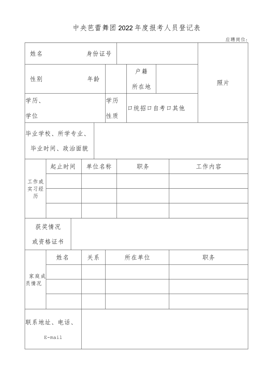 2012年中央芭蕾舞团报考人员登记表.docx_第1页