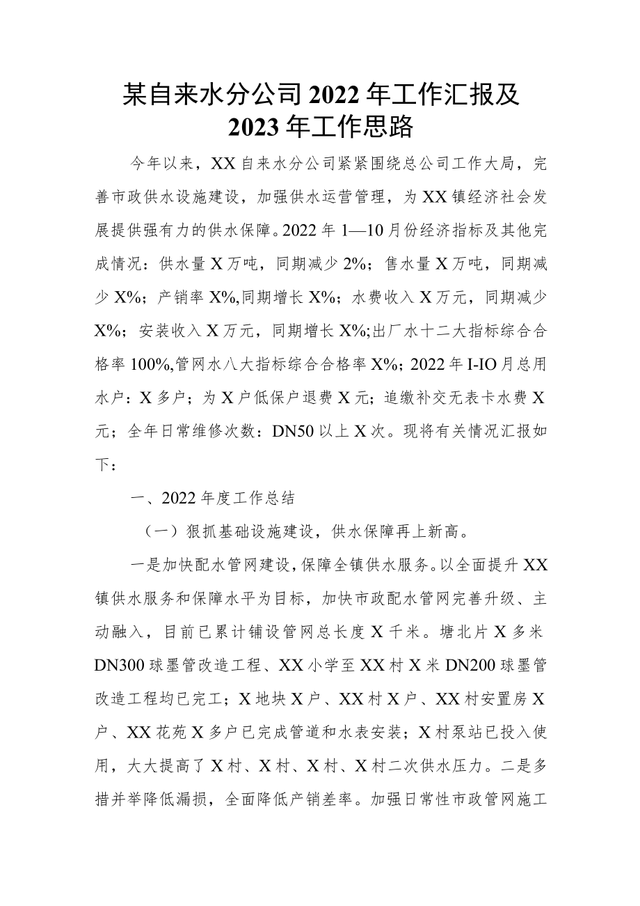 某自来水分公司2022年工作汇报及2023年工作思路.docx_第1页