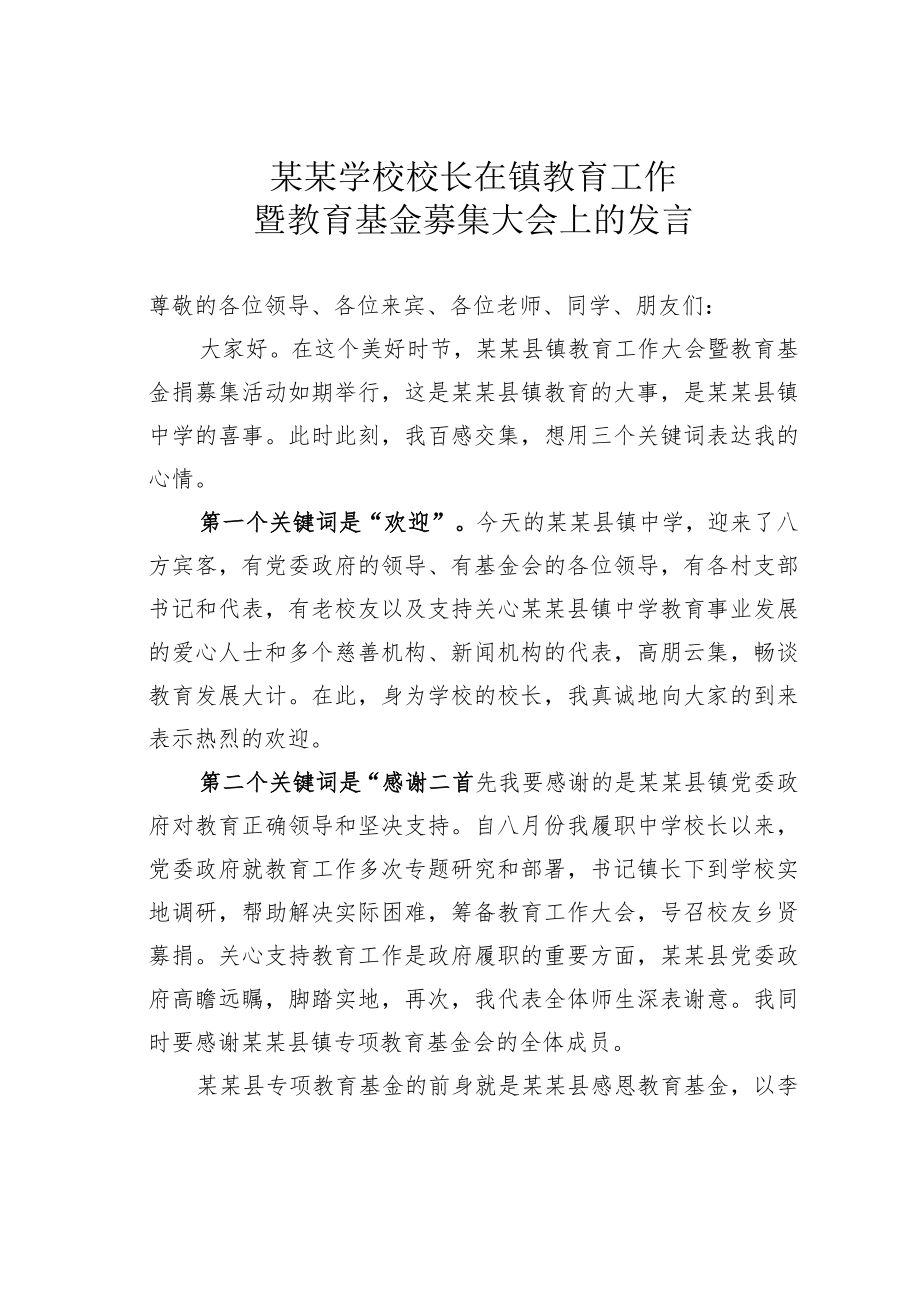 某某学校校长在镇教育工作暨教育基金募集大会上的发言.docx_第1页