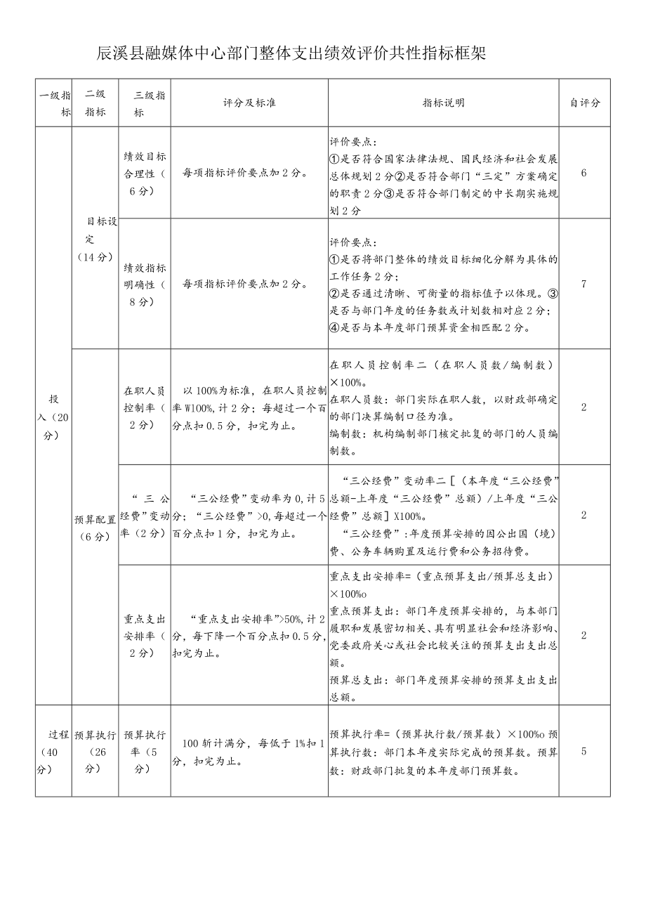 辰溪县融媒体中心部门整体支出绩效评价共性指标框架.docx_第1页