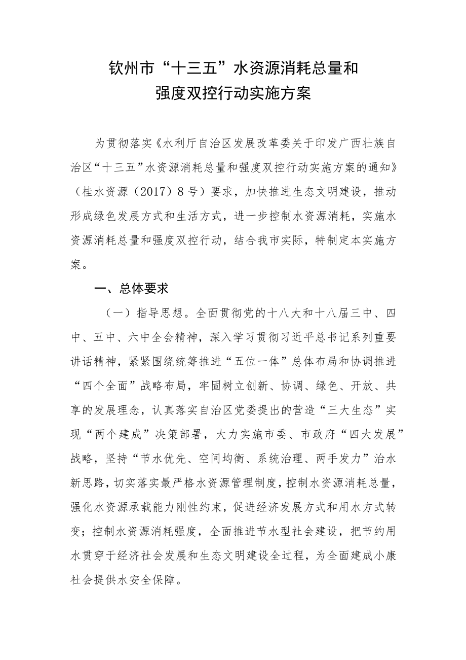 钦州市“十三五”水资源消耗总量和强度双控行动实施方案.docx_第1页