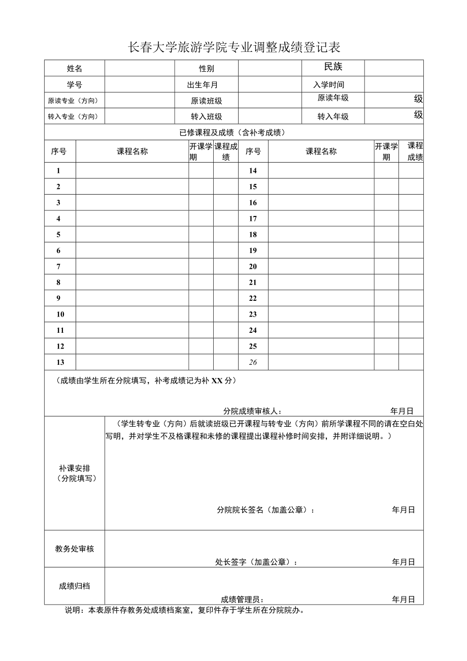 长春大学旅游学院专业调整成绩登记表.docx_第1页