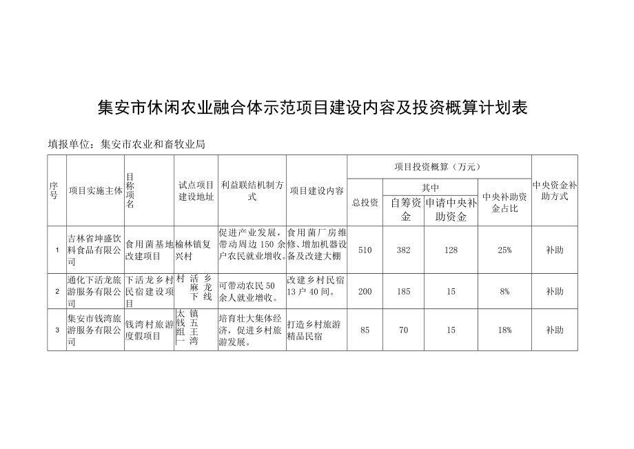 集安市休闲农业融合体示范项目建设内容及投资概算计划表.docx_第1页